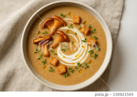 Creamy Chanterelle Mushroom Soup With Thyme, Croutons And Yogurt Swirl Creamy Chanterelle Mushroom Soup With Thyme, Croutons And Yogurt Swirl 130921505