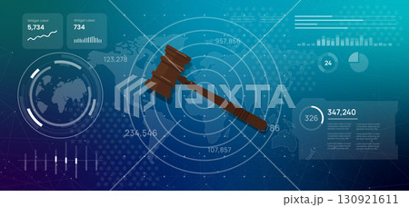 Futuristic digital dashboard displaying global legal data with a judge gavel integration of technology and justice ideal for topics of legal tech cyber law and global legal system 130921611