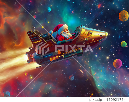 Santa in Spacecraft Surrounded by Stars and Nebula Lights 130921734