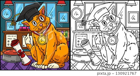 Cat Wearing a Graduation Cap Coloring Illustration Cat Wearing a Graduation Cap Coloring Illustration 130921767