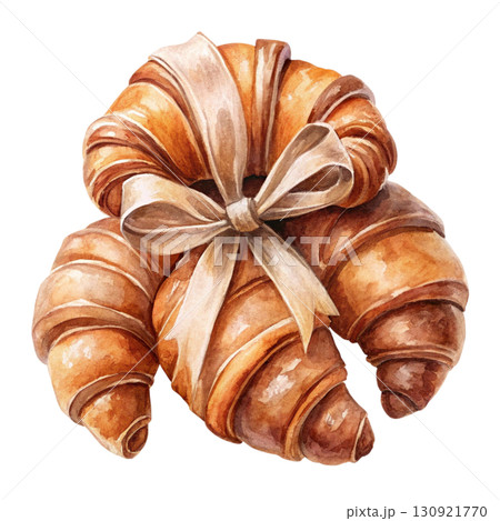 Two croissants stacked together, tied with a pastel blue ribbon bow Two croissants stacked together, tied with a pastel blue ribbon bow 130921770