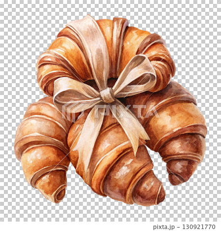 Two croissants stacked together, tied with a pastel blue ribbon bow Two croissants stacked together, tied with a pastel blue ribbon bow 130921770