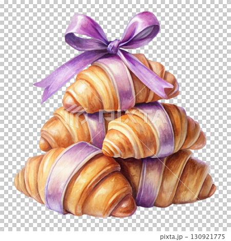 Two croissants stacked together, tied with a pastel blue ribbon bow 130921775