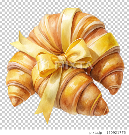 Two croissants stacked together, tied with a pastel blue ribbon bow Two croissants stacked together, tied with a pastel blue ribbon bow 130921776