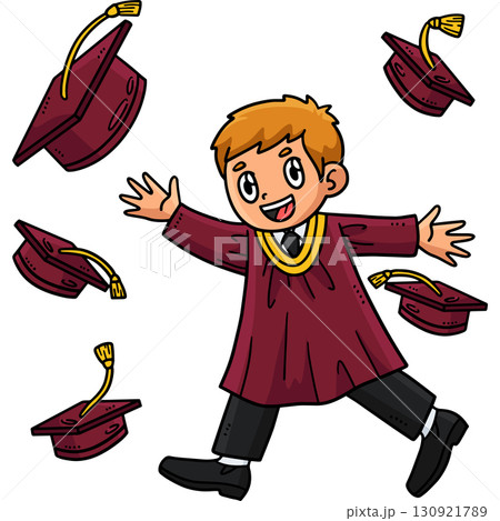 Happy Graduate Boy Throwing Cap Cartoon Clipart  130921789