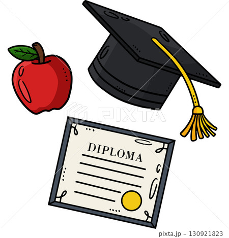 Graduation Cap, Diploma, and Apple Cartoon Clipart 130921823