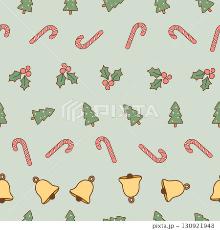 Cute pastel holiday pattern with trees and ornaments. Perfect for kidswear, gift wrap, and festive design projects. seamless tree ornament pattern. Vector illustration 130921948