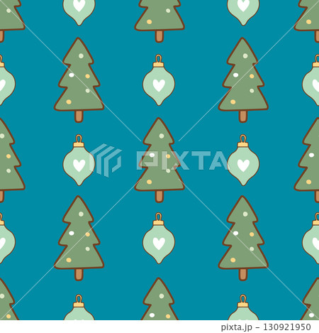 Cute pastel holiday pattern with trees and ornaments. Perfect for kidswear, gift wrap, and festive design projects. seamless tree ornament pattern. Vector illustration 130921950