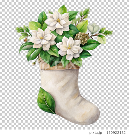 Christmas Stocking with Beautiful Flowers Clipart Watercolor 130922182