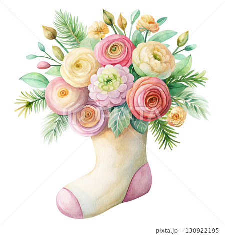 Christmas Stocking with Beautiful Flowers Clipart Watercolor Christmas Stocking with Beautiful Flowers Clipart Watercolor 130922195
