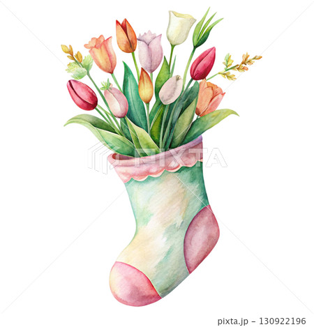 Christmas Stocking with Beautiful Flowers Clipart Watercolor 130922196