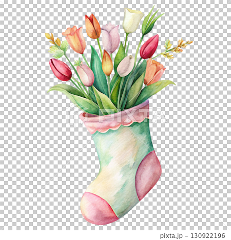 Christmas Stocking with Beautiful Flowers Clipart Watercolor 130922196