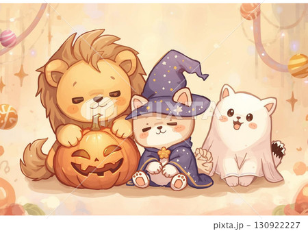 ハロウィンを楽しむ動物キャラクター（ライオン・猫・柴犬） 130922227