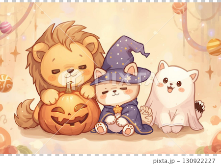 ハロウィンを楽しむ動物キャラクター（ライオン・猫・柴犬） 130922227