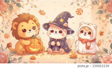 かわいい動物たちのハロウィンイラスト（ライオン・ねこ・しば犬） 130922230