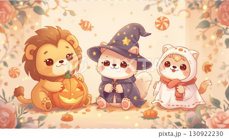 かわいい動物たちのハロウィンイラスト（ライオン・ねこ・しば犬） 130922230