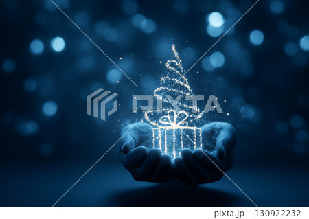 A stylized silhouette of a person's hands gently placing a gift under an abstract Christmas tree, conveying warmth. 130922232