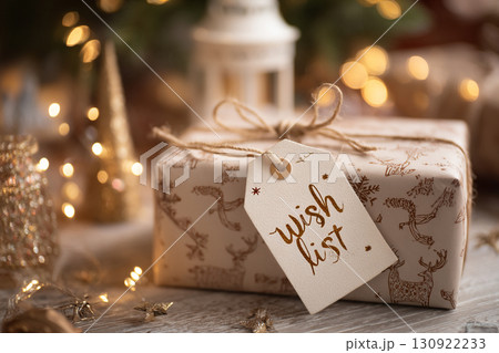 A child wish list-shaped tag tied to a Christmas present wrapped in reindeer-patterned kraft paper under fairy lights. 130922233
