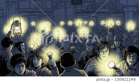 災害時に懐中電灯を持つ人々 130922249