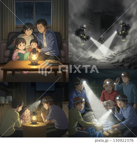 災害現場を照らす懐中電灯 130922376