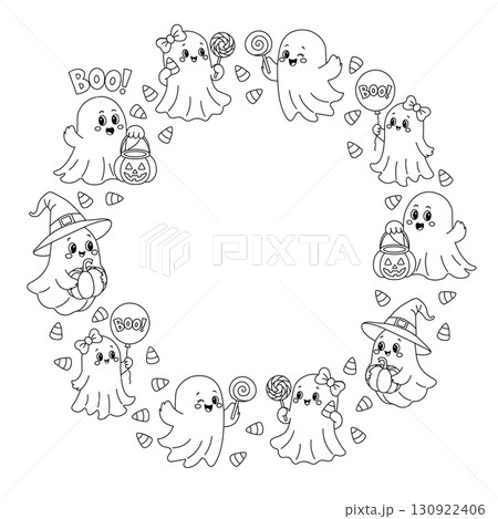 Cute Halloween Ghosts Frame. Adorable hand-drawn Halloween ghosts in a circular frame surrounded by candies and pumpkins. Perfect for holiday decorations, invitations, and crafts. Vector coloring page 130922406