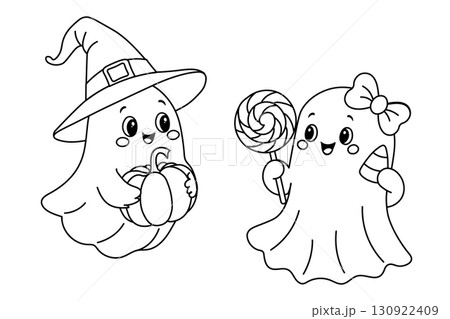 Cute Halloween Ghosts, isolated on a clean background. Adorable vector illustration of smiling Halloween ghosts with pumpkin and candy. Perfect for kids' designs, coloring pages, and holiday projects Cute Halloween Ghosts, isolated on a clean background. Adorable vector illustration of smiling Halloween ghosts with pumpkin and candy. Perfect for kids' designs, coloring pages, and holiday projects 130922409