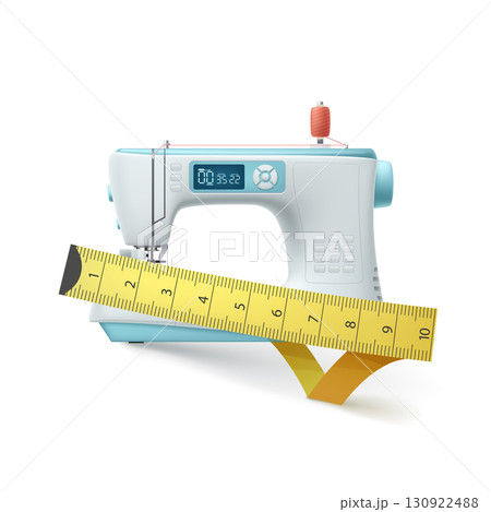 sewing machine with measure tape on white sewing machine with measure tape on white 130922488