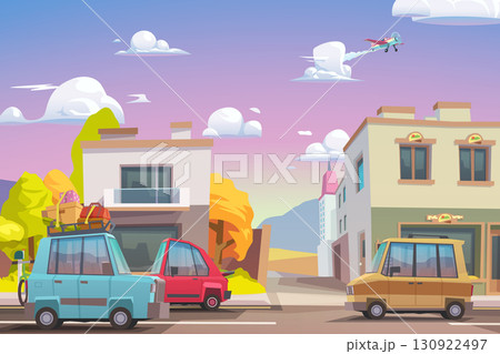 Colorful city street with cars and airplane Colorful city street with cars and airplane 130922497