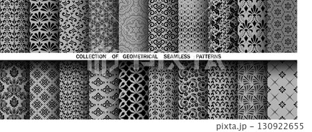 Geometric floral set of seamless patterns. Gray and black vector backgrounds. Damask graphic ornaments 130922655