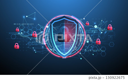 Abstract technological background on the topic of information protection. Various technological elements with padlocks inside which is a digital code. 130922675