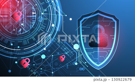 Abstract technological background on the topic of information protection. Various technological elements with padlocks inside which is a digital code. Abstract technological background on the topic of information protection. Various technological elements with padlocks inside which is a digital code. 130922679