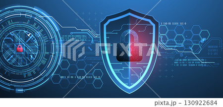 Abstract technological background on the topic of information protection. Various technological elements with padlocks inside which is a digital code. 130922684