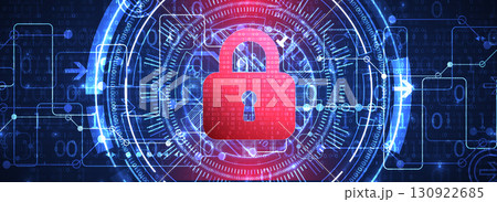 Abstract technological background on the topic of information protection. Various technological elements with padlocks inside which is a digital code. 130922685