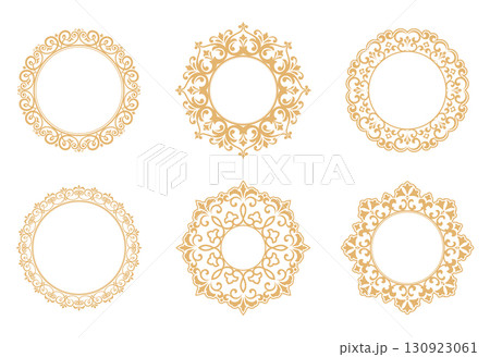 Set of decorative frames Elegant vector element for design in Eastern style, place for text. Floral golden and white borders. Lace illustration for invitations and greeting cards 130923061
