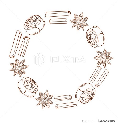 Circular frame border made of line art style cinnamon bun, sticks and star anise spice on white background with empty center space for your design. Circular frame border made of line art style cinnamon bun, sticks and star anise spice on white background with empty center space for your design. 130923409