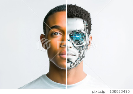 Split screen showing middle age black man and cyborg face 130923450