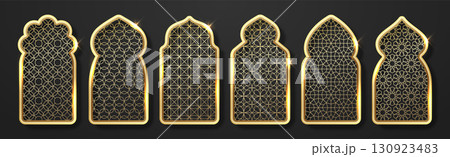 Traditional gold islamic window shape, arabic golden frames or silhouette moroccan borders 130923483