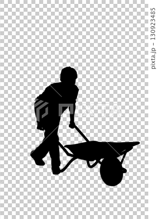 ネコ車を押す人のシルエット 130923485