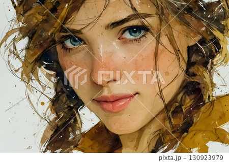 Digital Portrait of Young Person with Blue Eyes and Braided Hair 130923979
