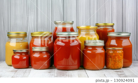 Glass jars filled with various spicy pepper sauces on wooden shelf, background 130924091