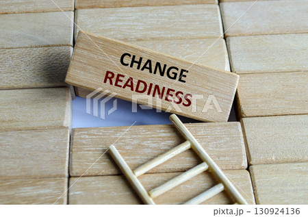 A wooden block showing CHANGE READINESS stacked on stairs representing transition, flexibility, awareness and preparation. 130924136