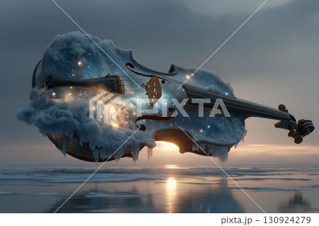 Surreal Cosmic Violin Floating Above Snowy Landscape 130924279