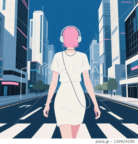 都会で音楽を聴く女性 130924290