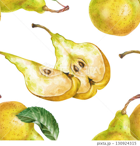 Watercolor seamless fruit pattern. Whole pears, halves and green leaves are isolated on a white background. Botanical seamless background with juicy seasonal fruits. For packaging, wallpaper, kitchen Watercolor seamless fruit pattern. Whole pears, halves and green leaves are isolated on a white background. Botanical seamless background with juicy seasonal fruits. For packaging, wallpaper, kitchen 130924315