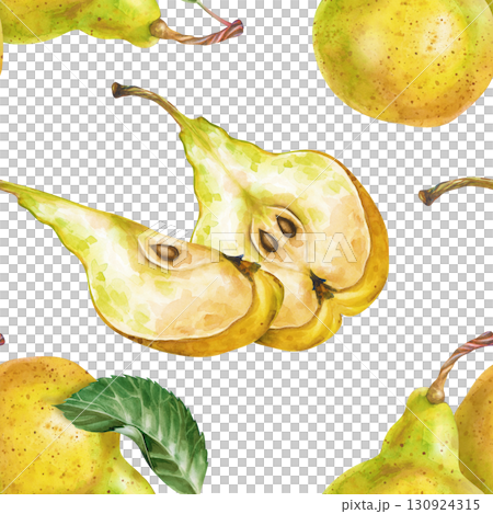 Watercolor seamless fruit pattern. Whole pears, halves and green leaves are isolated on a white background. Botanical seamless background with juicy seasonal fruits. For packaging, wallpaper, kitchen Watercolor seamless fruit pattern. Whole pears, halves and green leaves are isolated on a white background. Botanical seamless background with juicy seasonal fruits. For packaging, wallpaper, kitchen 130924315