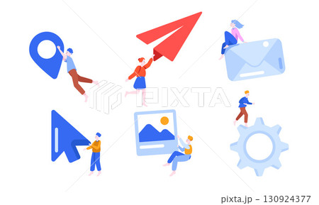 Digital Communication Elements Featuring Icons and Creative Characters for Engaging Users Digital Communication Elements Featuring Icons and Creative Characters for Engaging Users 130924377