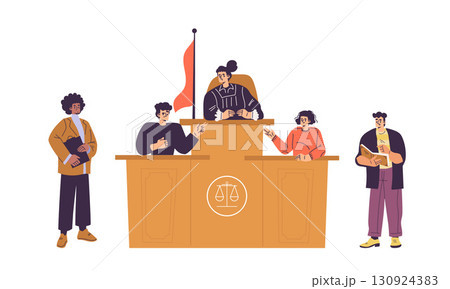 An illustration of a courtroom scene with a judge and witnesses in legal proceedings An illustration of a courtroom scene with a judge and witnesses in legal proceedings 130924383