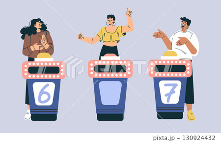 Exciting and vibrant Game Show Contestants are in thrilling action before the audience today Exciting and vibrant Game Show Contestants are in thrilling action before the audience today 130924432