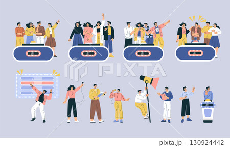 A diverse group gathered, joyfully celebrating with colorful props and lively signs 130924442