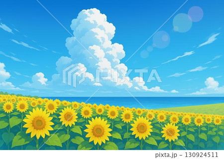 ひまわり畑　青空　入道雲　アニメ調 130924511